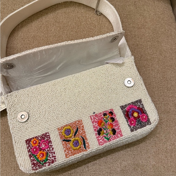 NWT Made in India Floral Flower Checkered Square Tile Embroidered Beaded Bag - Picture 4 of 4